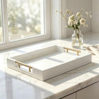 Decorative Serving Tray, Modern Rectangle Wood Tray with Polished Metal Handles, Glossy Finish, 16.5x12 Inch, for Coffee Table, Ottoman (White) - Image 4
