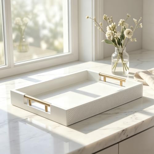 Decorative Serving Tray, Modern Rectangle Wood Tray with Polished Metal Handles, Glossy Finish, 16.5x12 Inch, for Coffee Table, Ottoman (White) - Image 4