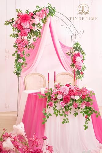 TINGE TIME Artificial Sweetheart Flower Swag with Table Cloth and Table Runner, Pack of 3 Floral Arrangement for Wedding Sweetheart Table Centerpiece Decoration Valentine's Day (Hot Pink) - Image 2