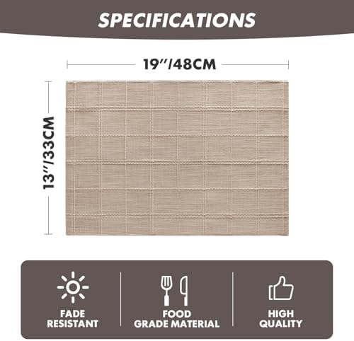 ZeeMart Linen Checked Farmhouse Placemats Set of 6, Taupe 13x19in - Image 2