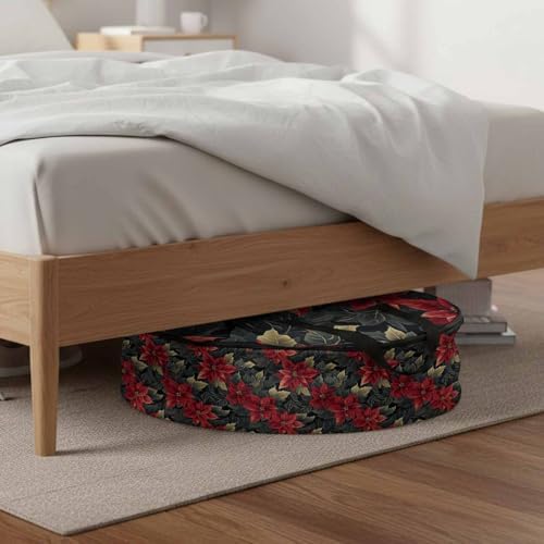 Christmas Flower Round Storage Bag 24 Inch, Poinsettia Leaf Red Floral Clothes Storage Container with Handles Heavy Duty Organizer for Comforter, Bedding & Holiday Wreaths - Image 6