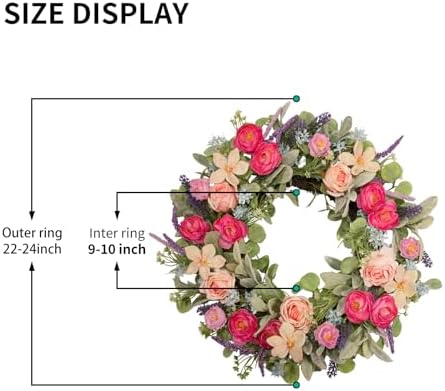 24 Inch Spring Wreath for Front Door, Magenta Pink Rose Floral Wreath with Lavender, Eucalyptus, Lamb's Ear and Blue Wildflowers, Silk Summer Wreath for Home Porch Wall Window Seasonal Decor - Image 3