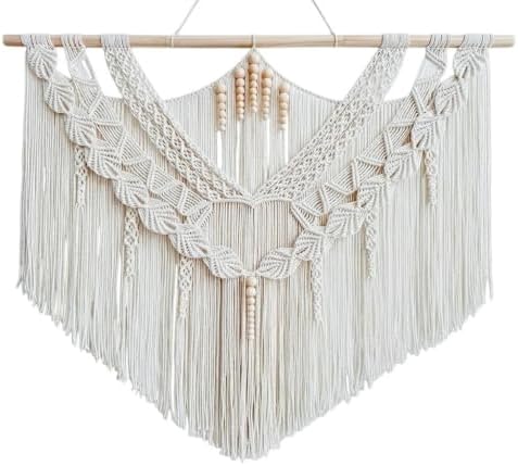 Large Macrame Wall Hanging 43"x32" - Handmade Woven Tapestry Boho Wall Decor for Bedroom Living Room Sofa Backdrop Natural Cotton Rope Long Fringe Tassel Bohemian Home Wall Art Decor with Wood Beads (Beige-B) by Unknown