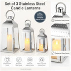 TRIROCKS Set of 3 Stainless Steel Candle Lanterns 20.5''&16''&12''H Decorative Candle Holders with Tempered Glass for Indoor Outdoor Porch Parities and Wedding(Silver) - Image 2