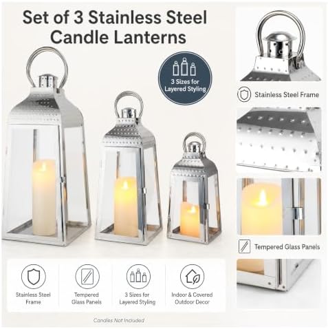 TRIROCKS Set of 3 Stainless Steel Candle Lanterns 20.5''&16''&12''H Decorative Candle Holders with Tempered Glass for Indoor Outdoor Porch Parities and Wedding(Silver) - Image 2