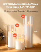 VEVOR Pillar Candles and Glass Vases Set 36 Pcs, Clear Cylinder Hurricane Candle Holders for Wedding Centerpieces, Tall Vase for Table Decor, Wedding Party, Thanksgiving, White (3.4" x 4.7",7.1",9.8") - Image 2