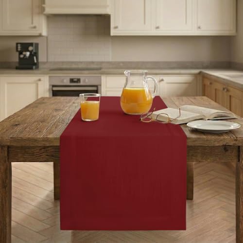 Easy Linen™ by D'Moksha, Linen-Look Texture, Recycled Fabric Table Runner, Red, 14 x 120 Inch, Wrinkle Resistant, Machine Washable - Fall, Everyday Dining by DMokshaHomes