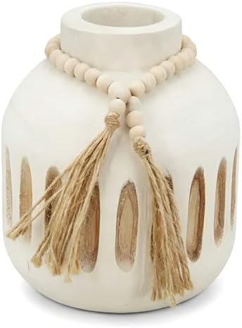 Handmade Wooden Vase with Decorative Beads and Tassels by Unknown