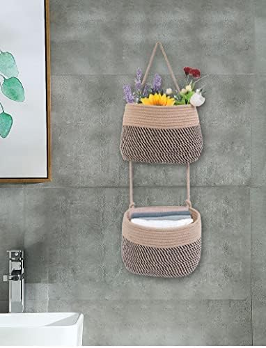 Over The Door Hanging Basket, 2 Tier Cotton Rope Woven Wall Basket, Magazine Racks Hanging Organizer, Decorative Hanging Storage Baskets for Organizing Living Room, Bathroom and Bedroom (Jute-black) - Image 5