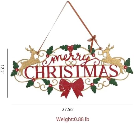 27.5"L Vintage Christmas Wall Decor Metal Xmas Hanging Sign, Merry Christmas Front Door Plaque with Reindeer, Holly and Bow, Rustic Farmhouse Distressed Christmas Welcome Sign for Xmas Home Garden Porch Patio Yard Outdoor Decoration - Image 2