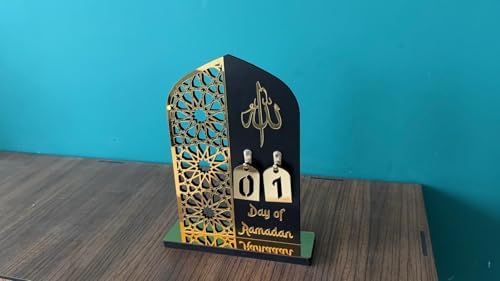 2 Pieces Wood Ramadan Decorations Islamic Eid Mubarak Kareem Table Sign Moon Hollow Star Ornament for Muslim Party Tabletop Decor Home Art Craft Decoration Golden Moon (Black, Medium - 8"W x 12"H) - Image 7