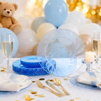 YOUBET 125PCS Clear Blue Gold Plastic Plates - Blue Disposable Plates With Gold Rim Include 25 Dinner Plates 25 Dessert Plates 75 Golden Silverwares for Wedding Birthday & Parties - Image 5