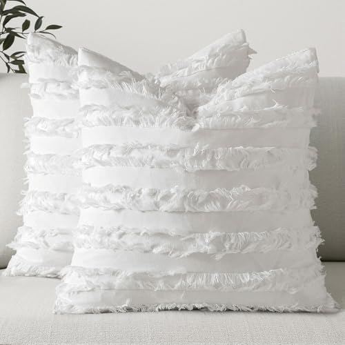 MIULEE Boho Linen Striped Euro Throw Pillow Covers 24x24, White by MIULEE