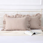 Silnuo Taupe/White Gingham Plaid Ruffled Pillow Covers King Size Set of 2 - Image 3