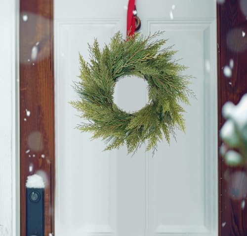 20” Green Faux Norfolk Pine Christmas Winter Wreath – Mixed with Real Touch Fake Cypress, Cedar & Spruce, Xmas Wreaths for Front Door Porch Mantel & Fireplace - Image 2