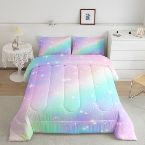 Rainbow Bedding Set For Kids Girls Teens Women Ombre Gradient Comforter Set Full Stars Galaxy Bedding Comforter Sets Watercolor Tie Dye Quilt Soft Lighweight Quilted Duvet Girly Bedroom Decor 3Pcs by Erosebridal