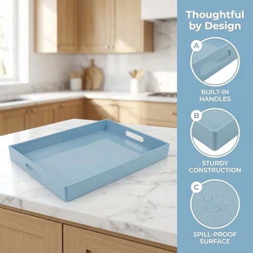 Light Blue Decorative Tray, Rectangular Large Serving Tray with Handles, Plastic Coffee Table Tray for Ottoman, Living Room, Kitchen Tabletop, 15.7” x 11.8” x1.6” - Image 7