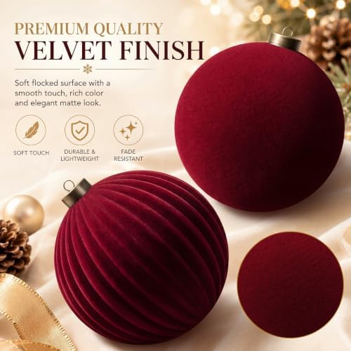 Pinkunn 4 Pcs Large Velvet Burgundy Christmas Ball Ornaments 8 Inch - Image 4
