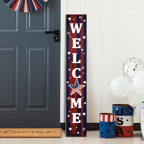 4th of July Patriotic Porch Sign 47.2",USA 250th Anniversary Wooden Welcome Sign, Red Blue Vertical Front Porch Decor for Outdoor Patio, Garden Entryway by ARTUFAN