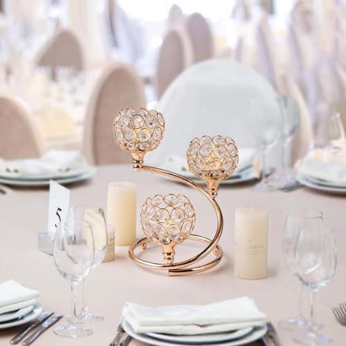 Metal Crystal Candle Holder Set of 6 - Elegant 3-Arm Metal Tea Light Centerpiece with Shining Crystal Bowl, Wedding Anniversary Table Decor for Dining, Party (Gold, 6 Pcs 3 Arm) - Image 6
