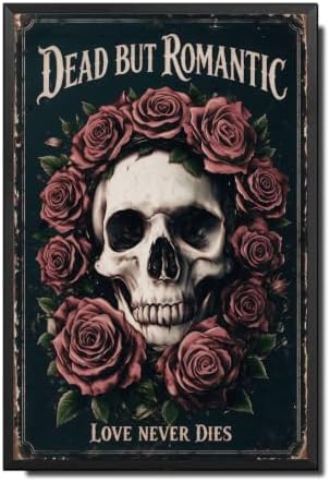 Vintage Metal Tin Sign Halloween Skull Rose Wreath Gothic Romance Wall Art for Bedroom Bar 8×12 Inches with Metal Frame by Unknown