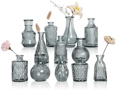 Small Glass Vase Set of 12, Grey Bud Vases for Centerpiece Table Decorations, Boho Vintage Flower Vases in Bulk, Mini Vase Decorative for Wedding Party Baby Shower Birthday Home Decor by GarDream