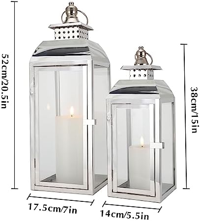 JHY DESIGN Set of 2 Stainless Steel Decorative Candle Lanterns 20.5"&15" High Metal Candle Lanterns for Indoor Outdoor Events Parities Weddings Vintage Style Hanging Lantern - Image 2