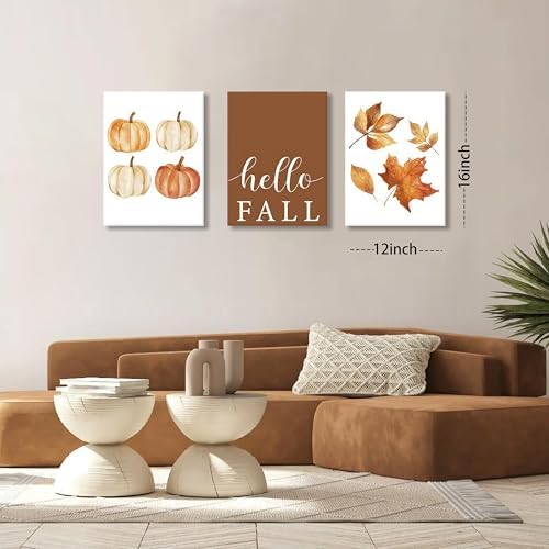 XYHYRA Vintage Fall Wall Art Set of 3, Rustic Farmhouse Seasonal with Hello Fall Sign Canvas Prints Painting, Thanksgiving Pumpkin Kitchen Wall Decor Picture for Living Room Bedroom 12x16 Inch - Image 4