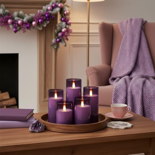 Homemory Purple Flickering Flameless Candles, Battery Operated Acrylic LED Pillar Candles with Remote Control and Timer, Purple Decor, Set of 5 - Image 4
