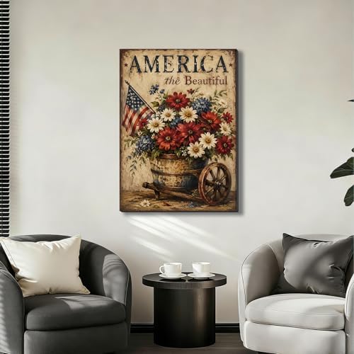 Ship Next Day - Framed Patriotic Wall Art Canvas, America the Beautiful Floral Painting, Rustic Farmhouse USA Flag Canvas Print for Living Room, Kitchen, Bedroom, Office, Made in USA - Image 7