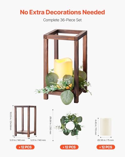 VEVOR 12 Set/36 Pcs Wooden Wedding Lantern Centerpiece, Includes 12 Wooden Lantern Candle Holder 12 Flameless LED Candle 12 Eucalyptus Leaves Wreath for Wedding Table Party Farmhouse Decor, Brown - Image 4