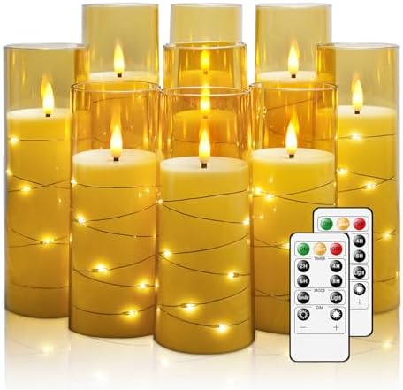 Nimiko Flickering Flameless LED Candles,Battery Operated Candles 9 Pcs with Embedded Star String,Acrylic LED Pillar Candles with Remote,Suitable for Home Decoration to Create an Atmosphere（Gold） by Nimiko