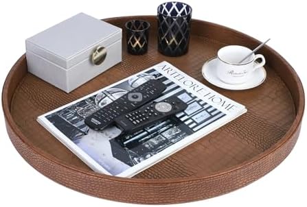 HofferRuffer Large Round Serving Tray 24'', Elegant Faux Leather Circle Ottoman Table Tray, Serve Tea Coffee Breakfast in Bedroom Living Room Kitchen (Antique Brown, 24'') - Image 3