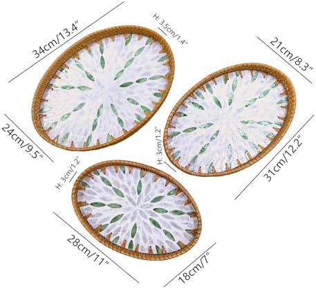 i-lan Set of 3 Green Mother of Pearl Inlay Rattan Trays - Oval Handwoven Decorative Nesting Trays for Coffee Table & Ottoman - 13/12/11 Inch Emerald Green Woven Platters for Boho Home Decor & Wall Art - Image 2
