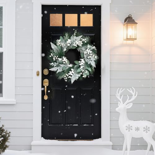 Winter Wreaths for Front Door 24 Inch Artificial Christmas Wreath Decorated with White Berries,Outdoor Winter Door Wreath Green Eucalyptus Wreath for Farmhouse Home Porch Wall - Image 3