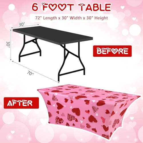 Oudain 2 Pcs Valentine's Day Table Cover Stretch Tablecloth 6 ft Pink Heart Tablecloth - Image 2