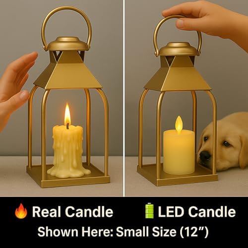 Decorative Metal Lanterns Indoor Outdoor, Candle Holder for Porch, Patio, Fireplace, Floor, Wedding, Christmas, Fall, Holiday, Farmhouse Table Centerpiece (Gold, Set of 2 15.7" 12") - Image 3
