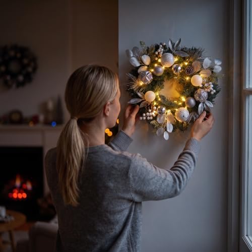 Valery Madelyn 20" Pre-Lit Christmas Wreath for Front Door Silvery White - Image 5