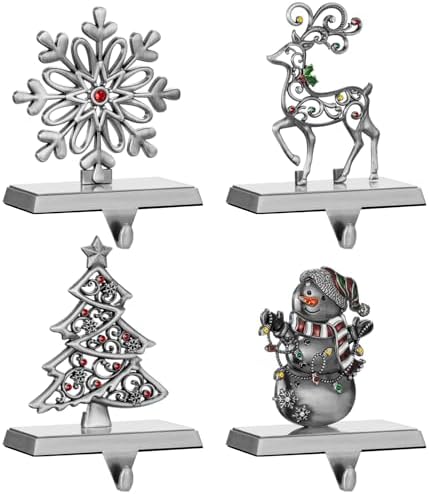 4 Pack Christmas Stocking Holder Set for Mantle Christmas Holiday Decorations Mantle Fireplace Topper Snowflake Snowman Reindeer and Christmas Tree Hangers Decorative Metal Hanger(Gray) by Mulumu