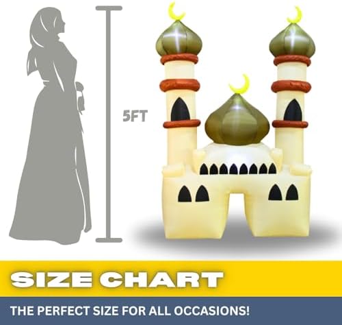 6FT Ramadan Inflatable Beige and Green Mosque - Islamic Ramadan Decor for Outdoor Front/Back Lawns, Built-in LED Lights and Fan to Blow Up with Air, Iftar/Eid Gift, By RamadanInflatables.com - Image 5