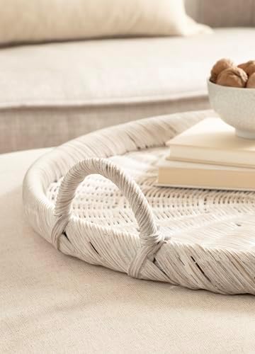Kate and Laurel Cormont Modern Round Woven Rattan Tray with Handles; 23 Inch Diameter; Whitewash Rattan; Decorative Circle Boho Tray for Use as Versatile Ottoman Tray or Serving Platter - Image 5