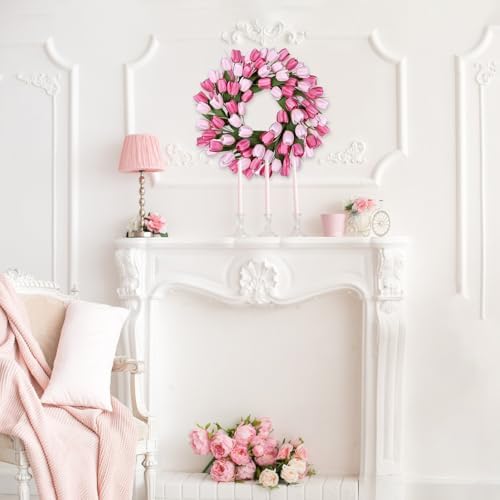 24 Inch Tulip Summer Wreath for Front Door Spring Silk Wreath with Green Leaves Artificial Tulip Flower Wreaths for All Seasons Farmhouse Porch Wall Living Room Home Widding Decor - Image 5