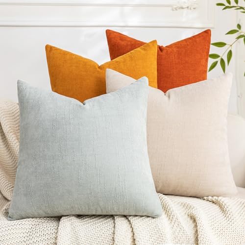 Set of 4 Soft Textured Decorative Throw Pillow Covers 18x18 Inch Cozy Farmhouse Cushion Cover Square Accent Pillow Cases for Bed Couch Sofa Living Room, Beige Aqua Burnt Orange by Cozoomy