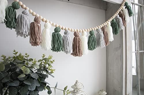 Tassel Garland - Boho Tassel Garland with Wood Beads - Wall Decor for Dorm, Girls Room and Nursery Room - Olive Green (50 inch) - Image 2
