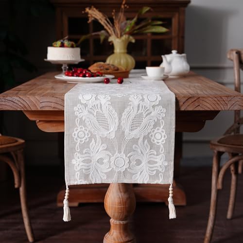 Embroidered Table Runner Boho Farmhouse Dresser Scarf, 14" x 112" by ARTBLOSS