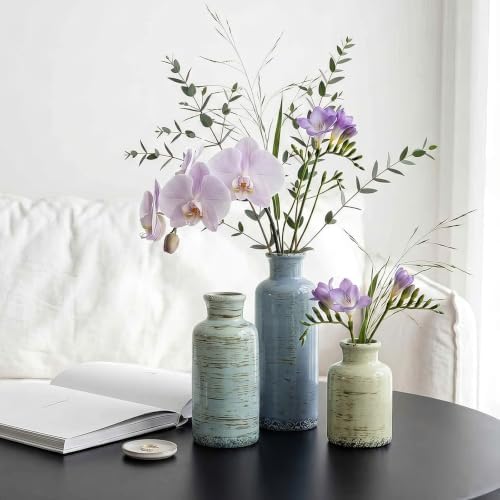 Ceramic Vase Set of 3, Rustic Distressed Bud Vases for Home Decor, Cottagecore Small Decorative Vases for Flowers, Centerpiece Table Vase Set for Living Room Kitchen Shelf Mantel Farmhouse - Image 5