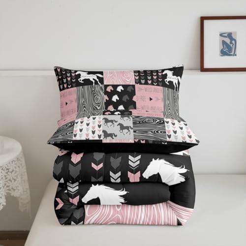 Girls Unicorn Comforter Queen Girly White Horse Bedding Western Cowboy Cowgirls Quilt Patchwork Buffalo Plaid Duvet Insert Arrow Stripes Wild Animal Soft Down Comforter 3Pcs Bedroom Decor,Pink Black - Image 6