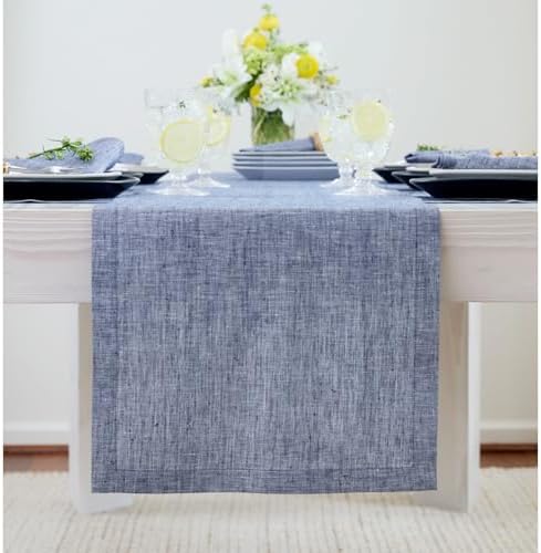 Solino Home 100% Pure Linen Table Runner Chambray Indigo, Athena 14 x 72 in - Image 2