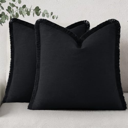 decorUhome Linen Fringe Black Throw Pillow Covers 22x22 Set of 2 by decorUhome