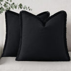 decorUhome Linen Fringe Black Throw Pillow Covers 24x24 Set of 2 by decorUhome